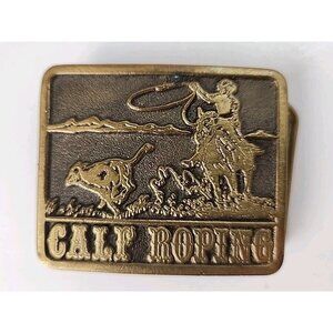 1976 Western Calf Roping Brass Rectrangle Belt Buckle USA Denver Adezy Vintage